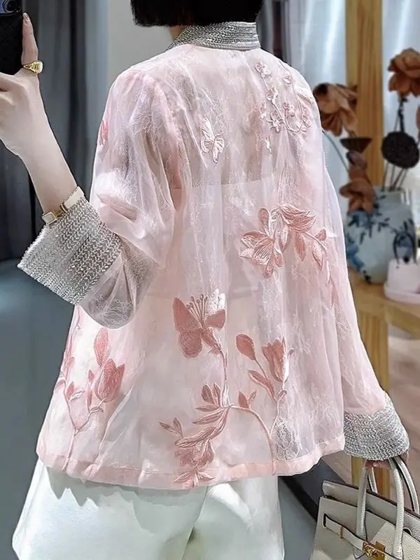 Sun Protection Clothing Women 2024 Spring and Summer New Retro Machine Embroidery Long Sleeve Cardigan Jacket V-neck Top