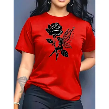 Women Short Sleeve T Shirt Breathable Women's T-shirt 2026 Summer Retro Rose Elf Print Casual  Women's Styles