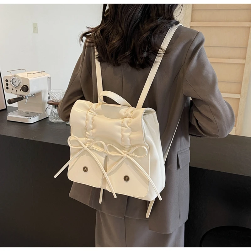 Miyagawa Sweet Bow Backpack Women's 2024 New Fashion Korean Pleated Backpack Trendy Fashion Simple Casual Large Capacity Handbag