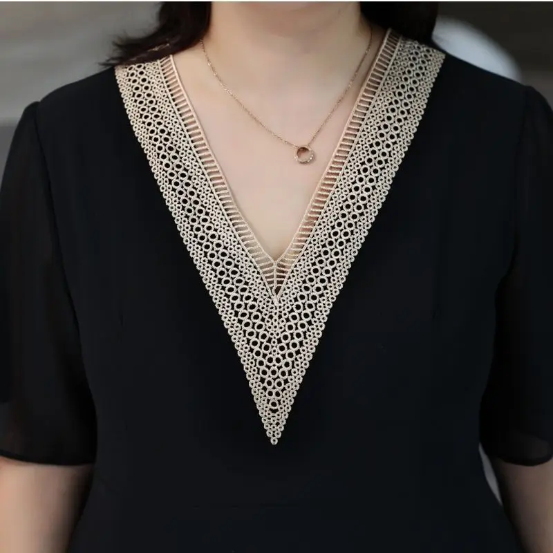 Fashion Plus Size Women's Clothes Chiffon Black Dress Summer V-Neck Hollow Out Patchwork Lace Short Sleeve Mid Length Dresses