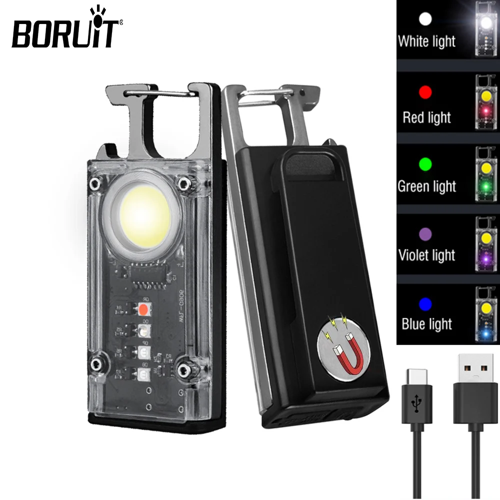 

BORUiT Protable Mini Keychain COB Flashlights Small Powerful USB-C Rechargeable Torch Camping Fishing Work Lamp Red Bule Light