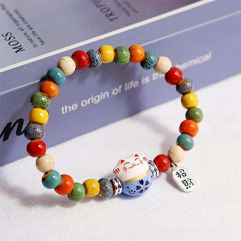Cute Lucky Cat Bracelet For Women Girls Adjustable Colorful Beaded Bracelets Chinese Style Ceramics Cat Pendant Bracelet Jewelry 2