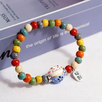 Cute Lucky Cat Bracelet For Women Girls Adjustable Colorful Beaded Bracelets Chinese Style Ceramics Cat Pendant Bracelet Jewelry 2