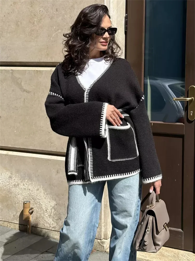 Knit Contrast Cardigan Sweater For Women Lace-Up Pocket Long Sleeve Patchwork Loose Coat Autumn Knitwear Women's Outwear