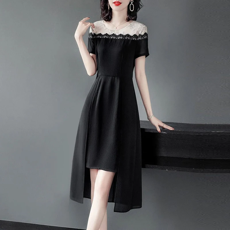 

Lace Patchwork Black A-line Dress Spring Summer Fashion Dress Korean Style Short Sleeve Round Neck Elegant Dress for Female 2023