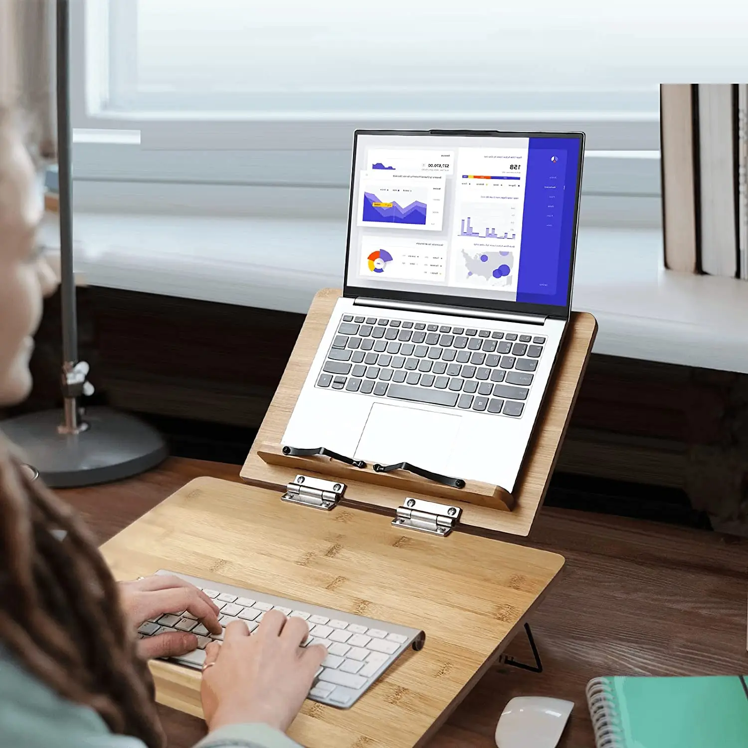 독서용 대나무 책 스탠드, 대형 이중 레이어 학생 책 거치대, 휴대용 스탠드, 높이 6 개 조절, 핸즈프리 독서