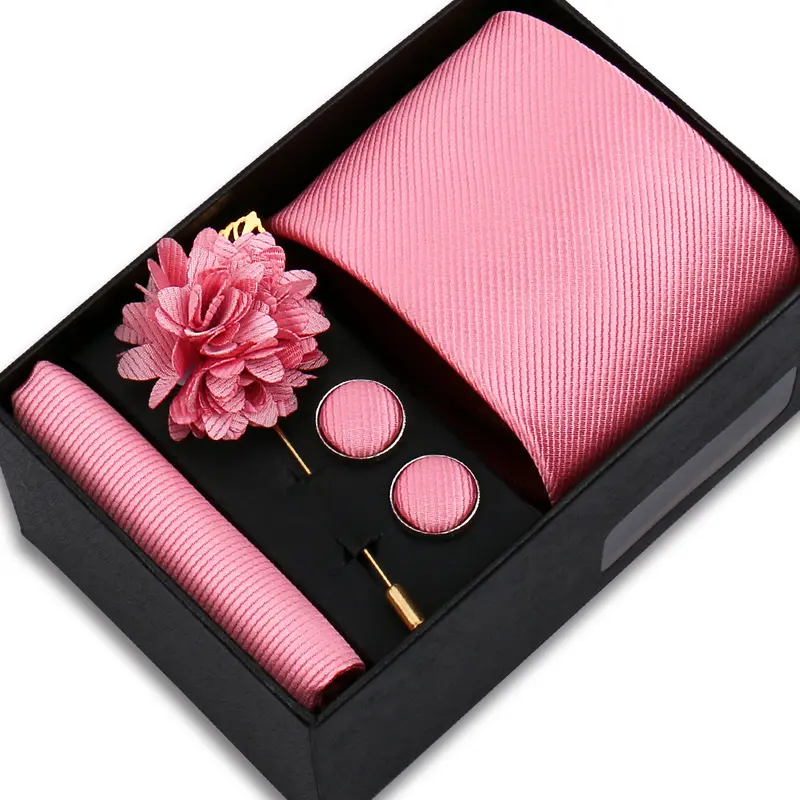 Top Quality Solid color Ties Hanky Cufflinks Brooch Set Elegant Jacquard Necktie For Men Business Wedding In Gift Box Gravatas - Image 22