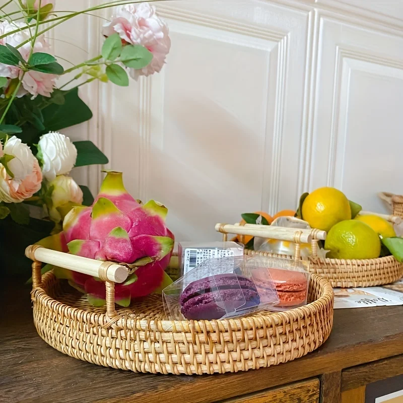 Rattan Tray Round Storage Basket Tray with Handles Natural Hand Woven Baskets Bread Fruit Food Plate Tray Home Kitchen Supplies 3