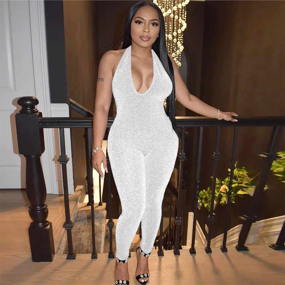 Summer Diamonds Jumpsuit Women Sleeveless Halterneck One Pieces Bodysuits Sexy V Neck Backless Small Leg Pants Female Jumpsuits