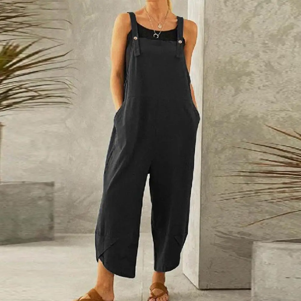 Lady Fashion Jumpsuit Comfortable Irregular Leg Opening Jumpsuit Popular Shoulder Strap Pockets Romper for Gathering checked printing women summer jumpsuits side pockets loose lady jumpsuit