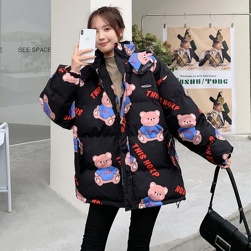 Japanese Sweet Kawaii Cotton Coat Women Winter Plus Velvet Thickening Down Jacket Girl Student Snow Wear Outerwear parkas black