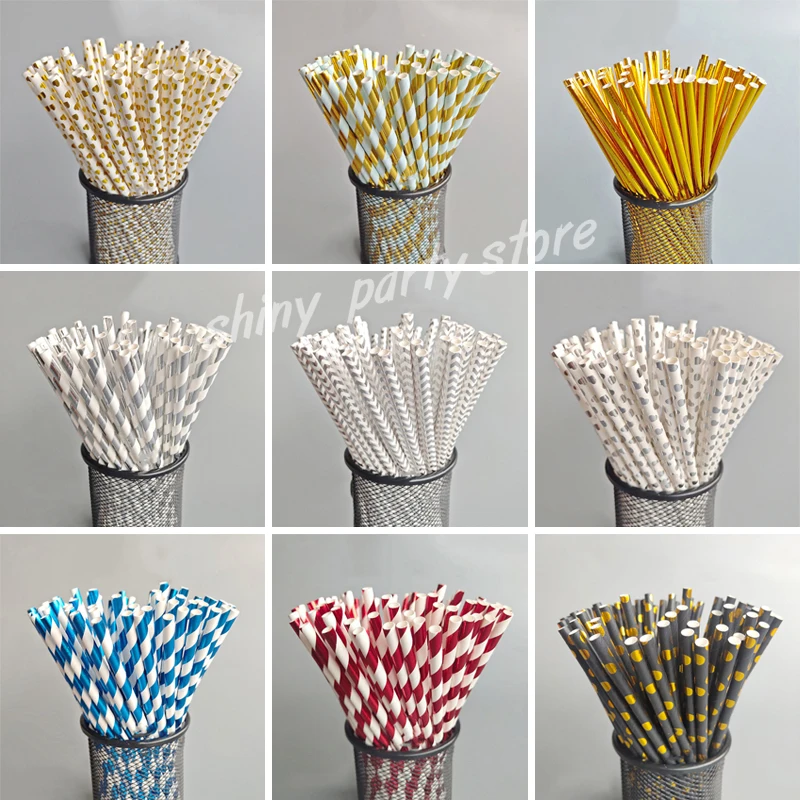 Party Decorations 20-100pcs Biodegradable Disposable Drinking Paper Straws Bronzing Foil for Birthday Wedding Christmas Party