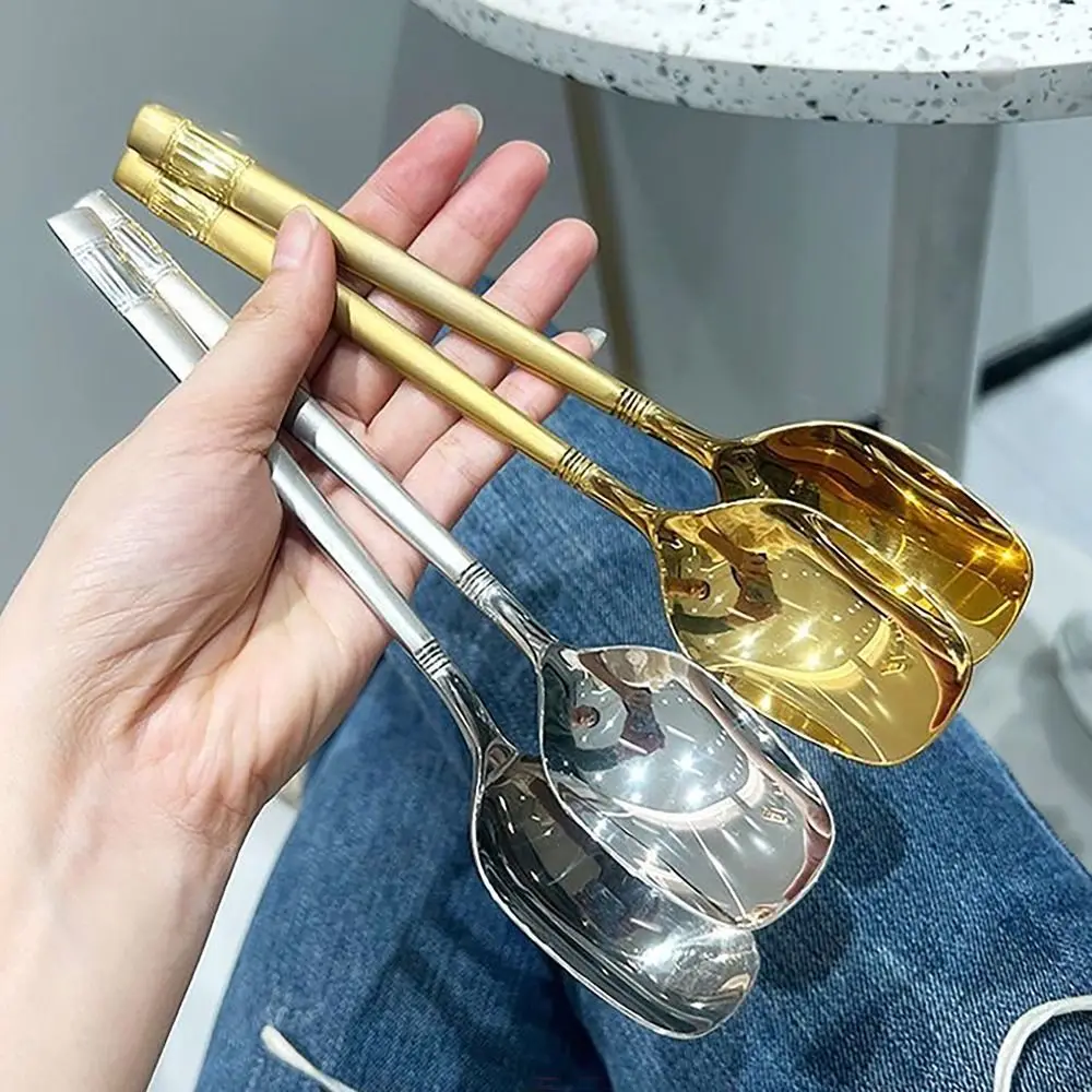 Portable Gold Silver Soup Spoons Long Handle Stainless Steel Dessert Spoon Dishwasher Tableware Stirring Spoon for Kitchen Tools