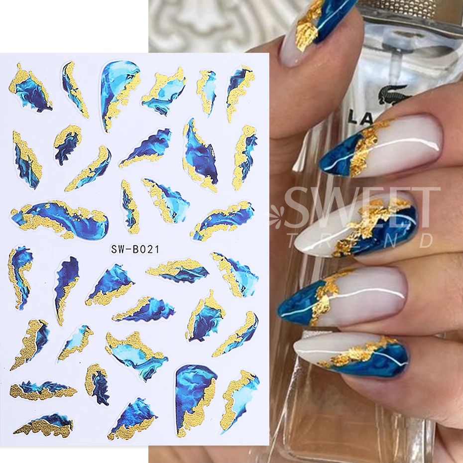 3pcs Blue White Marble Stripe Nail Sticker Gold Foil Wave Line Ink Blooming Irregular Slider Nail Decals Adhesive Manicure Decor
