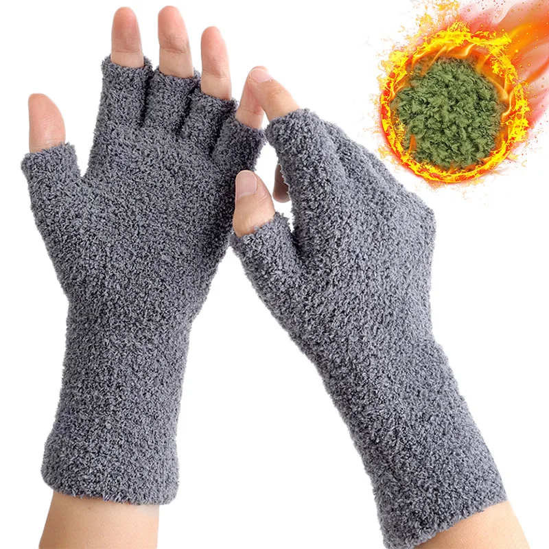 

Solid Thick Coral Fleece Gloves Women Girls Long Touchscreen Fingerless Glove Winter Warm Soft Plush Half Finger Writing Mittens