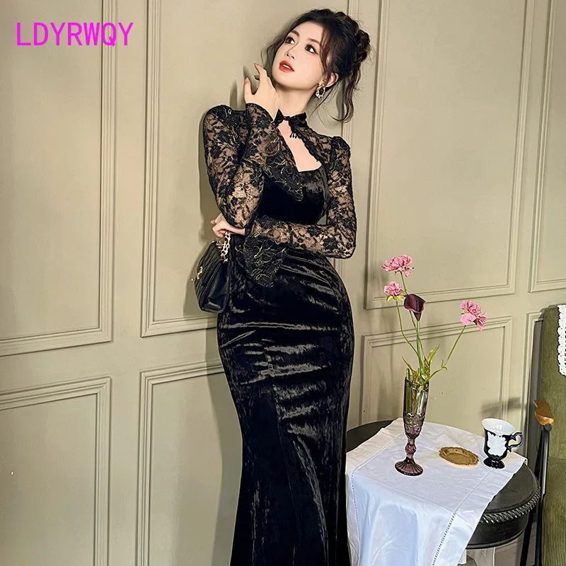 

2023 Autumn and Winter New Chinese Style Improved Qipao Dress Chinese Style Flare Sleeves Slim Fit Velvet Long Dress