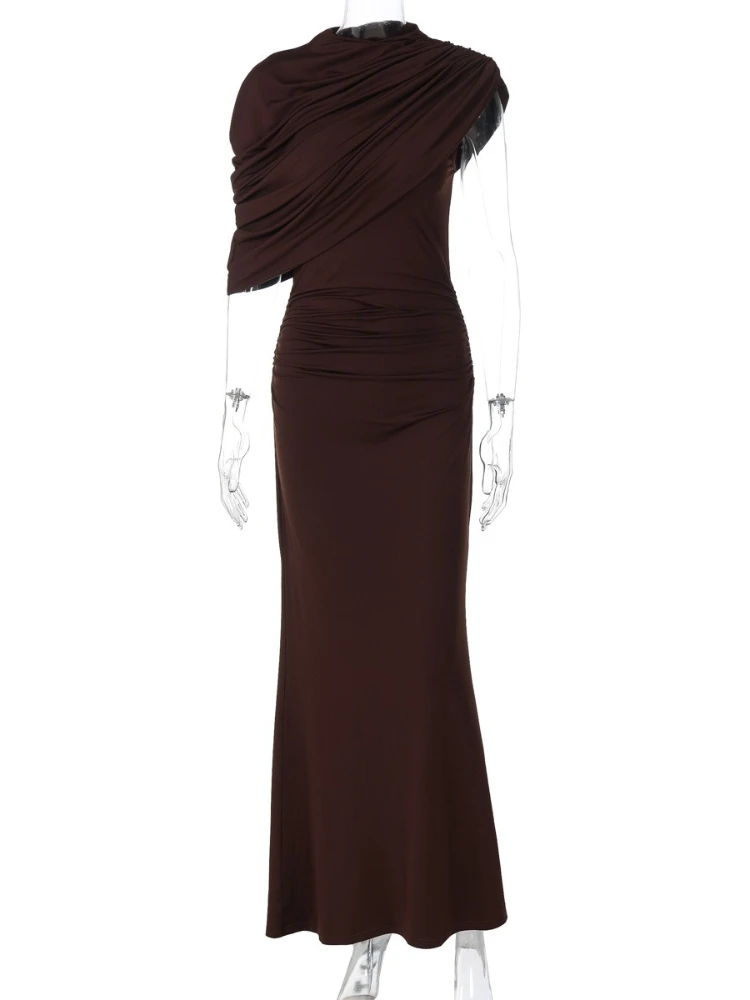 Robe longue marron chic sans manches taille haute moulante – Image 6