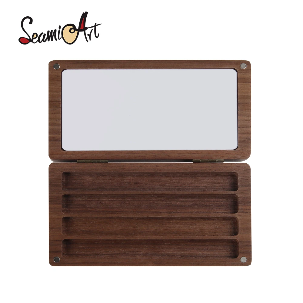 SeamiArt 1pc Black Walnut Wood Rectangle Painting Box with Palette Half Pans for Watercolor Subpackage Storage Art Supplies 2