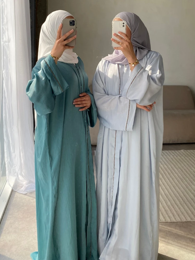 Eid Satin Abaya Kimono Muslim Coat Open Abayas for Women Dubai Luxury 2024 Ramadan Turkey Party Hijab Dress Islam Kaftan Robe