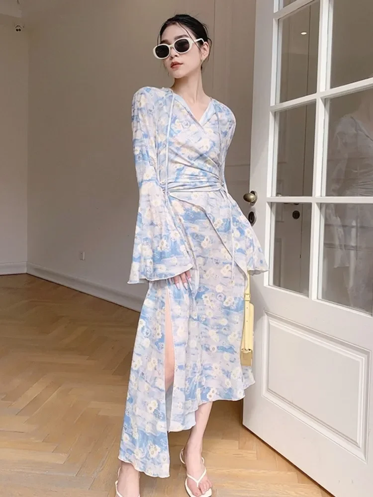 

French Vintage Elegant Floral Midi Party Dress Women Summer Casual V-neck Long Sleeve Vestidos Korean One Piece Clothes