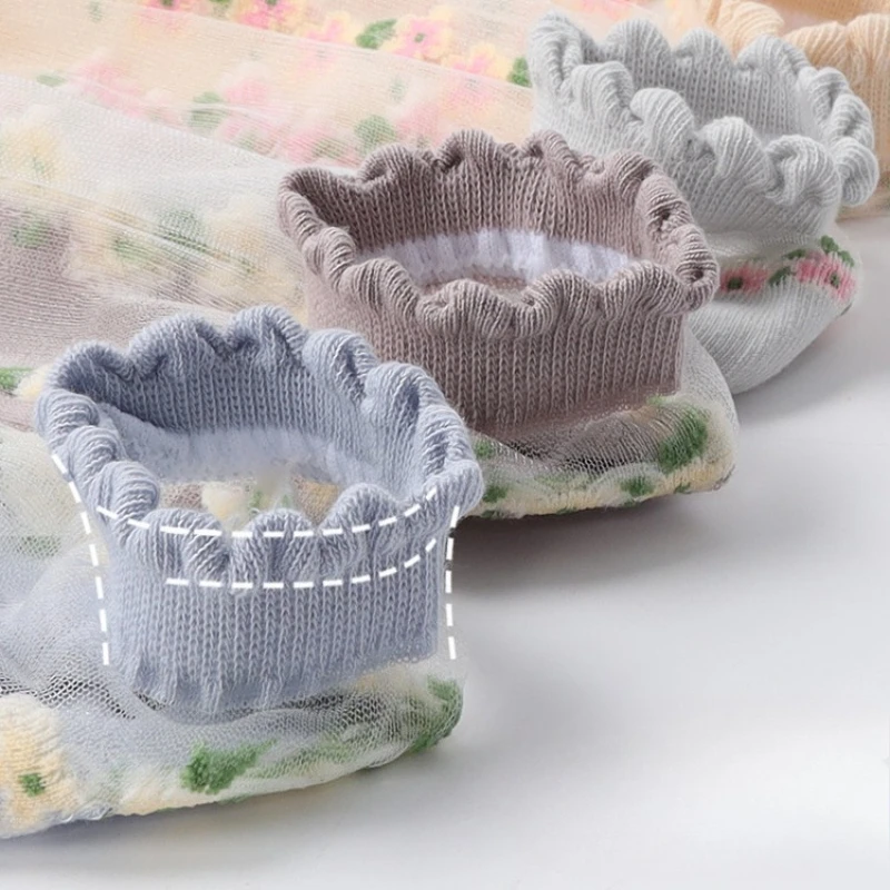 2 Pairs Women Floral Printed Transparent Socks Fashionable Cute Lace Sweat Absorbing Breathable Soft Comfortable Casual Socks