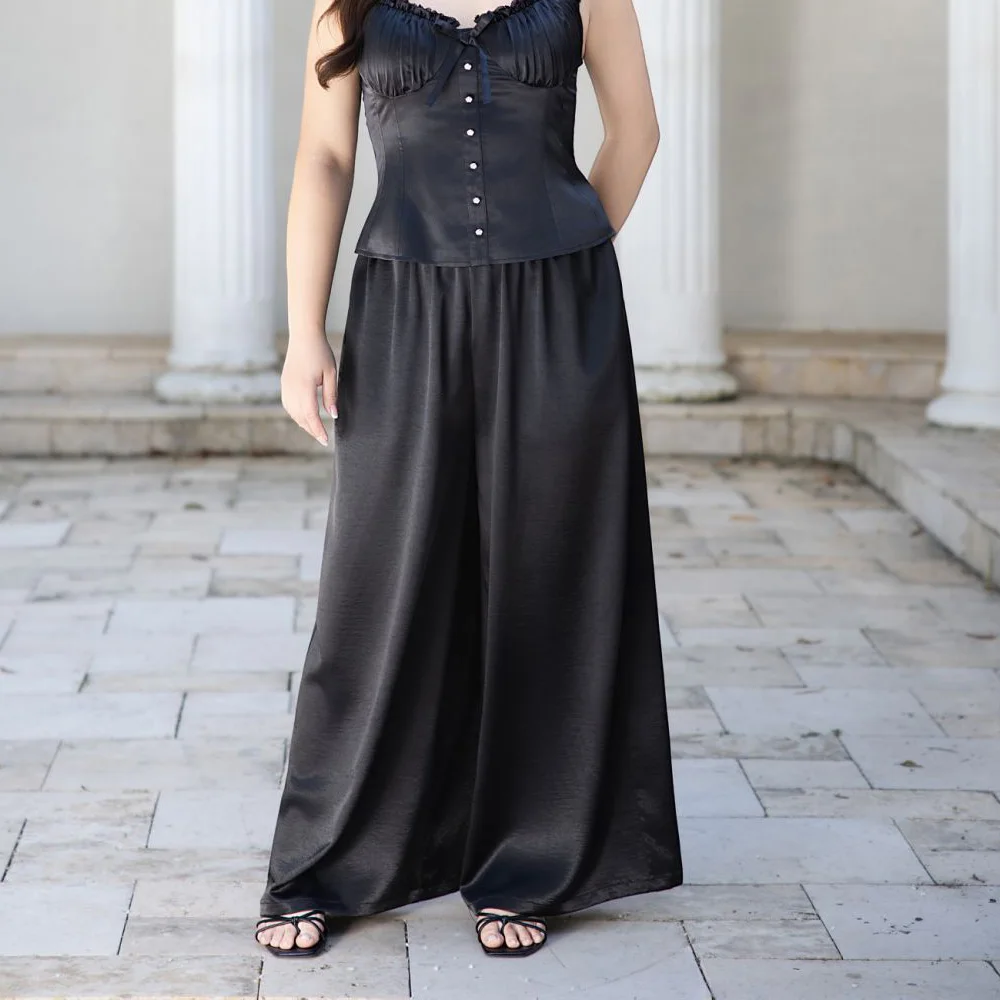 Island Drape Effect Satin Loose Casual Wide Leg Pants Premium Plus Size Women Summer Elastic Waist Long Trousers 9110