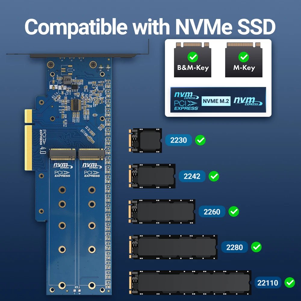 Dual M.2 PCIe SSD Adapter Card, PCIe x8 / x16 to Dual NVMe or AHCI M.2  SSDs, PCI Express 4.0, 7.8GBps/Drive, Bifurcation Required - Windows/Linux