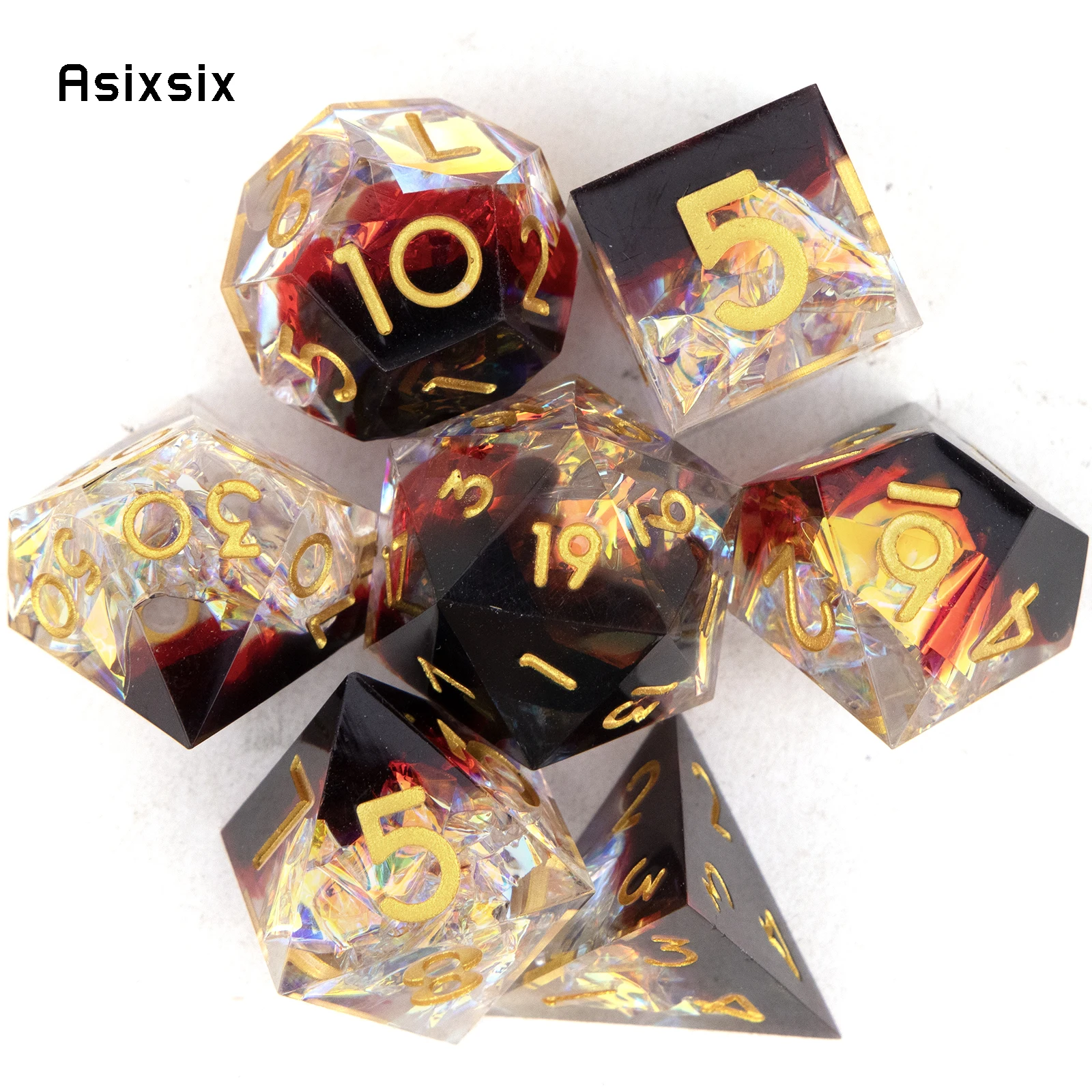 

7 Pcs Black Red Yellow Number Sharp Edge Resin Dice Polyhedral Dice Suitable for Role-Playing RPG Board Game