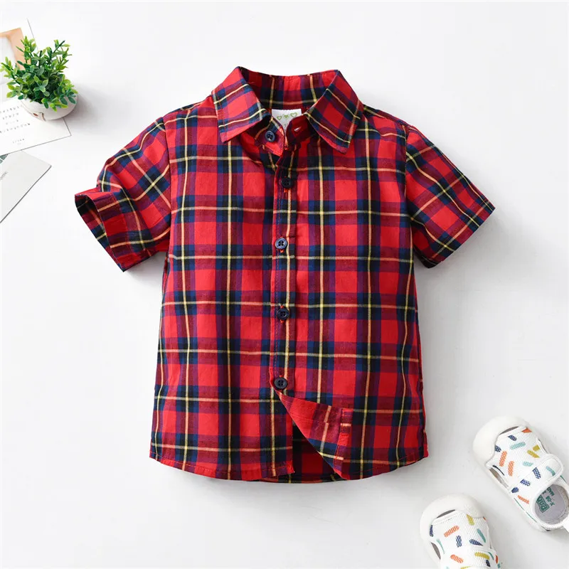 

Boys plaid short-sleeved shirts small and medium-sized children's baby summer knitted tops cardigans dresses formal wear