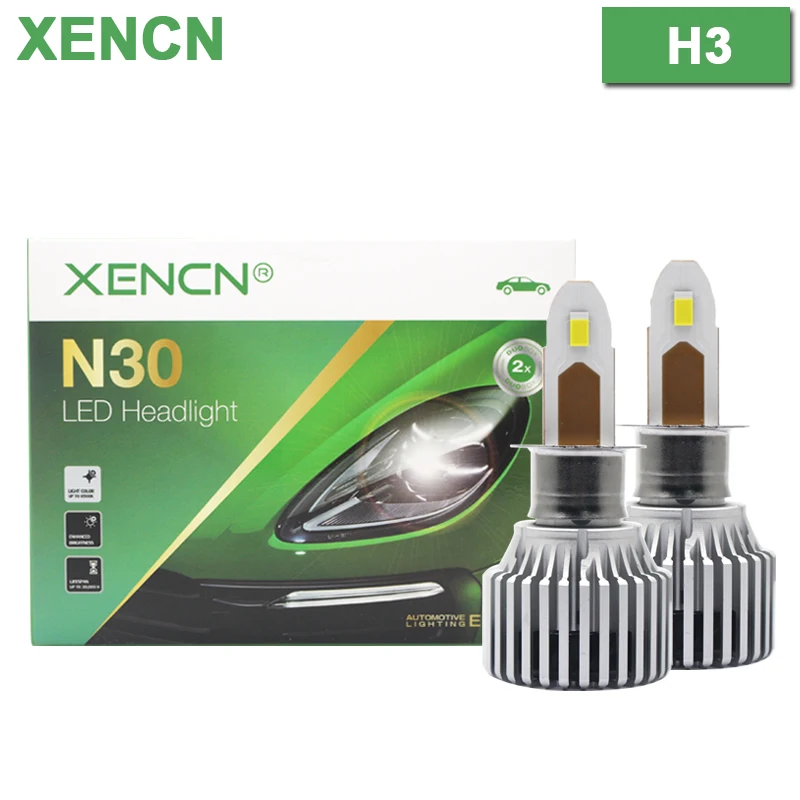 

XENCN N30 LED H3 Car Headlight Bulb 60W 6000LM Auto Lamp 6500K White High Watt Led Light 12V Pk22S OEM Quality HeadLamp, Pair