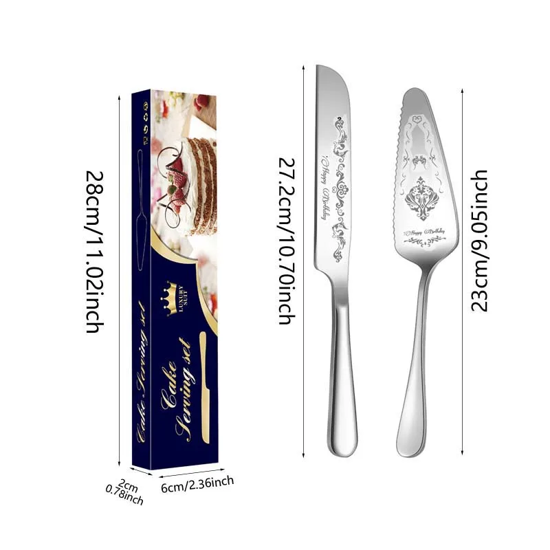 Stainless Steel Cake pi's Knife and Spatula Set Wedding Engagement Birthday 2 Piece Pattern Design