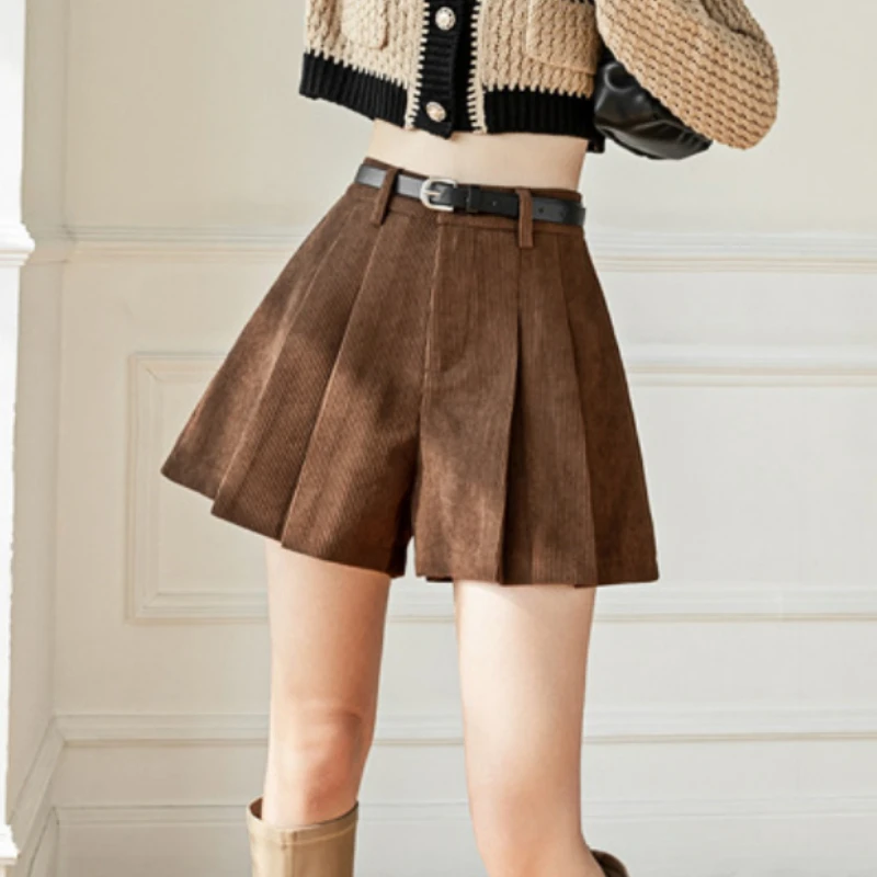 

Autumn Winter Corduroy Pleated Women's Shorts with Belted Fashion High Waist Classic A-Line Short Trousers Female