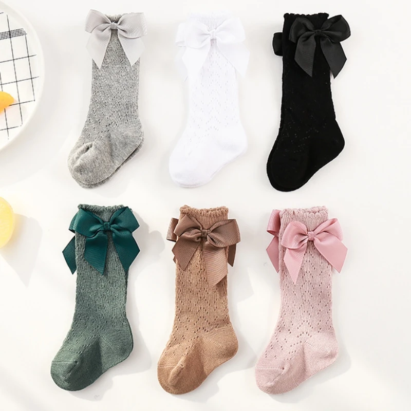 

Kids Knee High Socks Baby Girls Boys Bow Long Sock Soft Cotton Mesh Breathable Children Hollow Out Socken for 0-3 Years