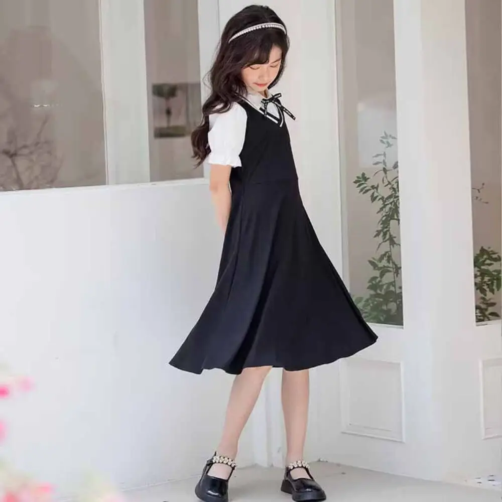 Pleated Girls False Two Dress Preppy Style Short Sleeve Summer Kids Dresses Beach Vacation Teenagers Children A-line Dress Beach