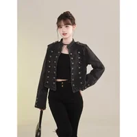 Veste Courte en Jean pour Femme, Nouveau Modèle, Style Rétro avec Boutons, Col Montant Ajusté, Manches Longues, Veste en Denim Courte 4