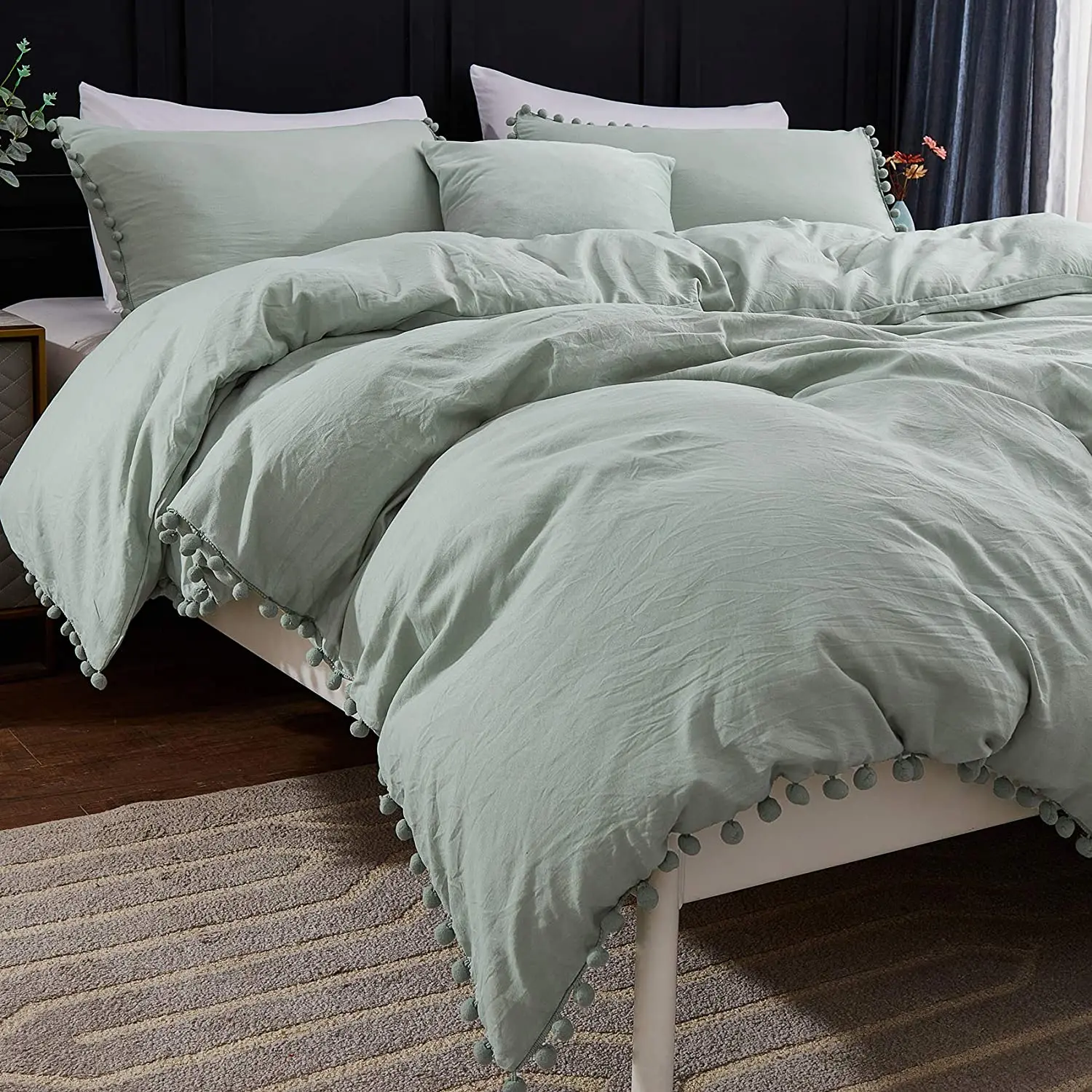 

Fringe Duvet Cover Full Queen King Size Soft Washed Microfiber Comforter Cover with Zipper Closure Corner Ties Bedding Set