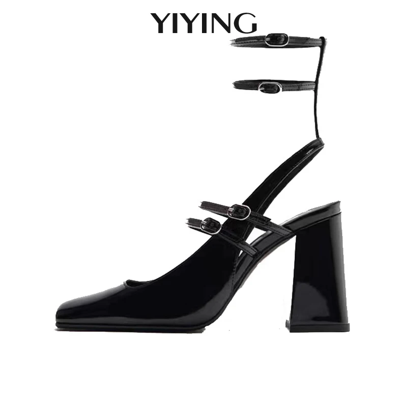 

Black Patent Leather Women Pumps Elegant High Heel Sandals 2023 Mary Jane Women's Sandals Fashion Square Toe Thick Heel Sandals
