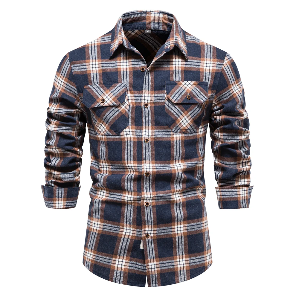 AIOPESON Double Pocket Flannel Men Plaid Shirts Long Sleeve Social Business Shirts for Men