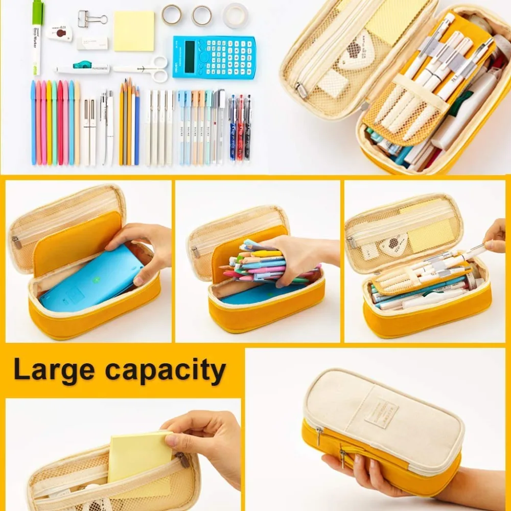 Pencil Case Kawaii Macaron Color Canvas Stretch Double Layer Large Capacity Pencil Box Cute Kids School Stationery pencil cases