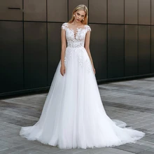 

Aviana Lace Appliqué Court Train Wedding Dress For Women Charming Sheer Zipper Back O-Neck Bridal Gown Robe De Mariée Customized