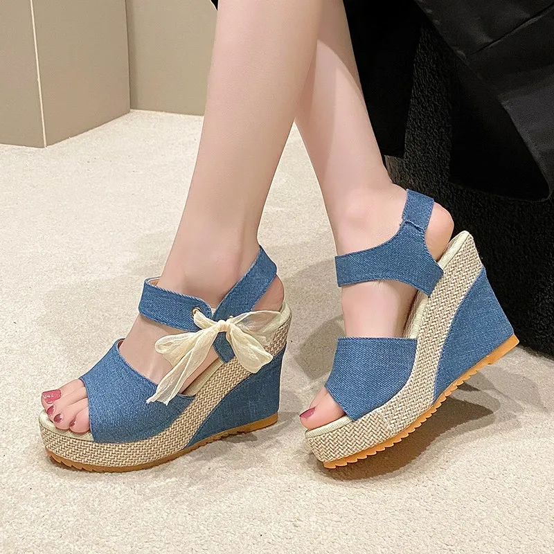 

New Lace Leisure Women Wedges Heeled Women Shoes 2024 Summer Sandals Party Platform High Heels Shoes Woman Large size