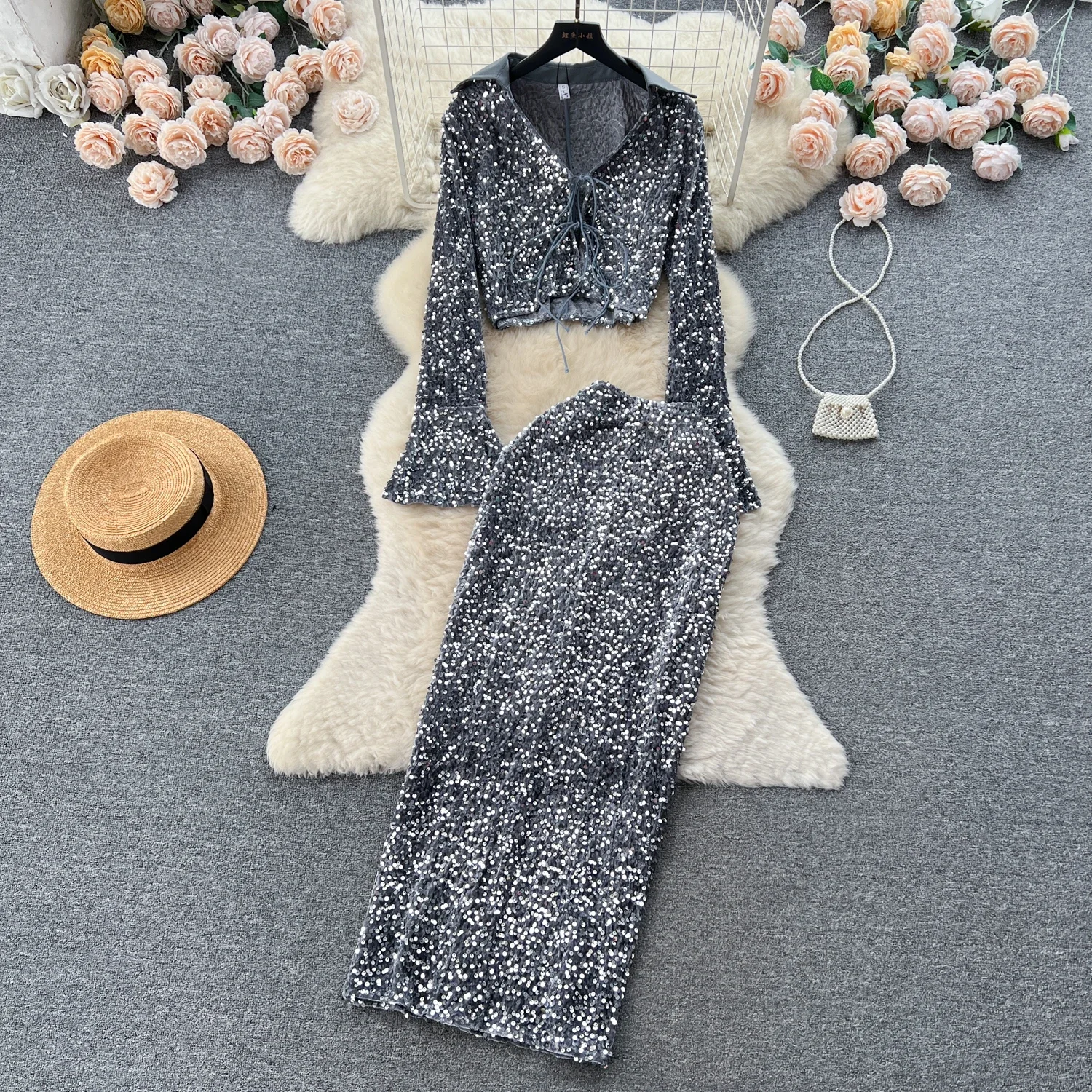 

Women Sequin Two Pieces Skirt Sets Women Long Sleeve Crop Cardigan with High Waist Hip Wrap Full Skirt
