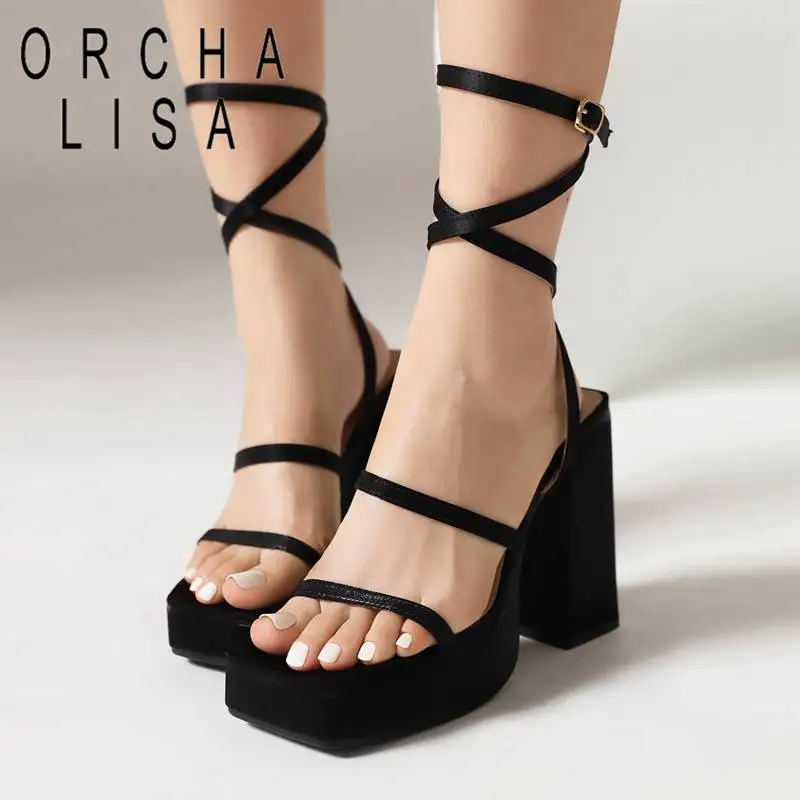 

ORCHA LISA Female Sandals Open Toe Block Heel 12cm Platform 4cm Satin Crossover Buckle Strap Large Size 46 47 48 Party Shoes