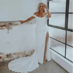 Vintage Off The Shoulder Simple Soft Satin Mermaid Wedding Dresses Side Slit Custom Made 2024 Rode De Morrie