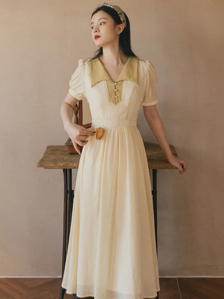 

Summer new women's elegant temperament South Korean wind lapel long dress Bohemian travel holiday chiffon dress