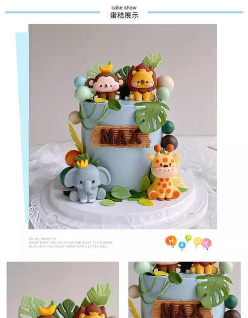 Jungle Safari Animal Cake Topper Set - Handmade Polymer Clay Lion, Giraffe, Monkey, Elephant Decor - View #2
