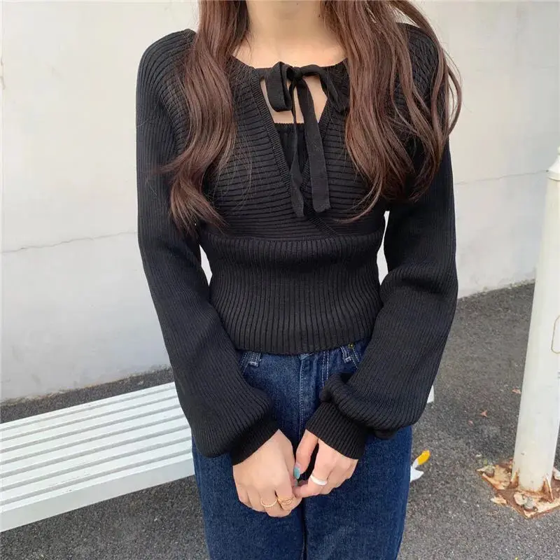Innere Top Herbst und Winter 2025, neuer gefälschter zweiteiliger Pullover, sexy kurzer V-Ausschnitt, langärmeliger Pullover für Frauen – Detail 8