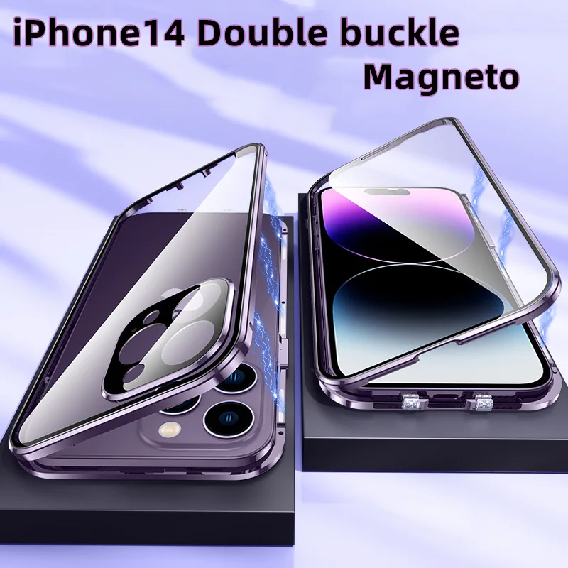 

Magnetic Case For iPhone 15 14 13 12 11 Pro Max 360° Full Closed Aluminum Metal Tempered Glass HD Privacy Protection Film Cover