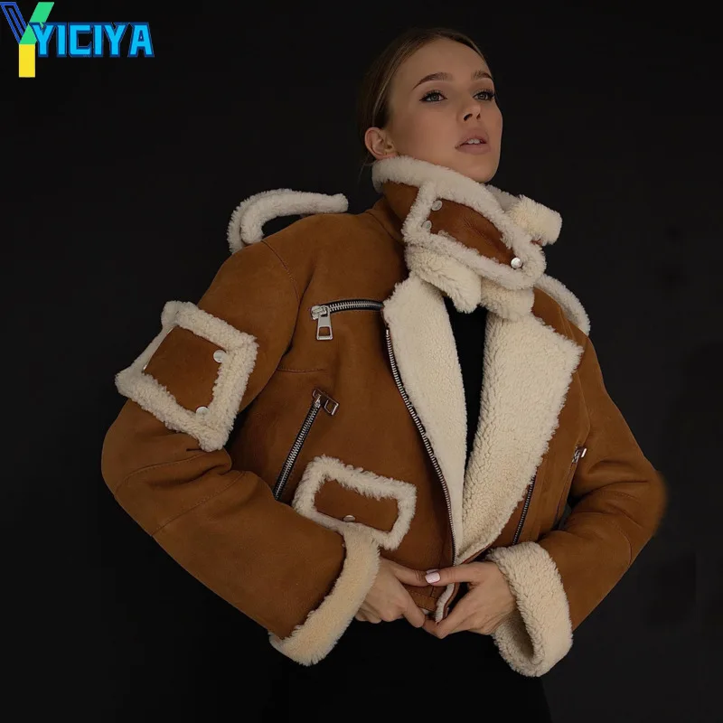 

YICIYA jacket Lamb wool Meredith style blue Thicken coats winter racing bomber women baseball varsity Oversize jackets 2023 coat