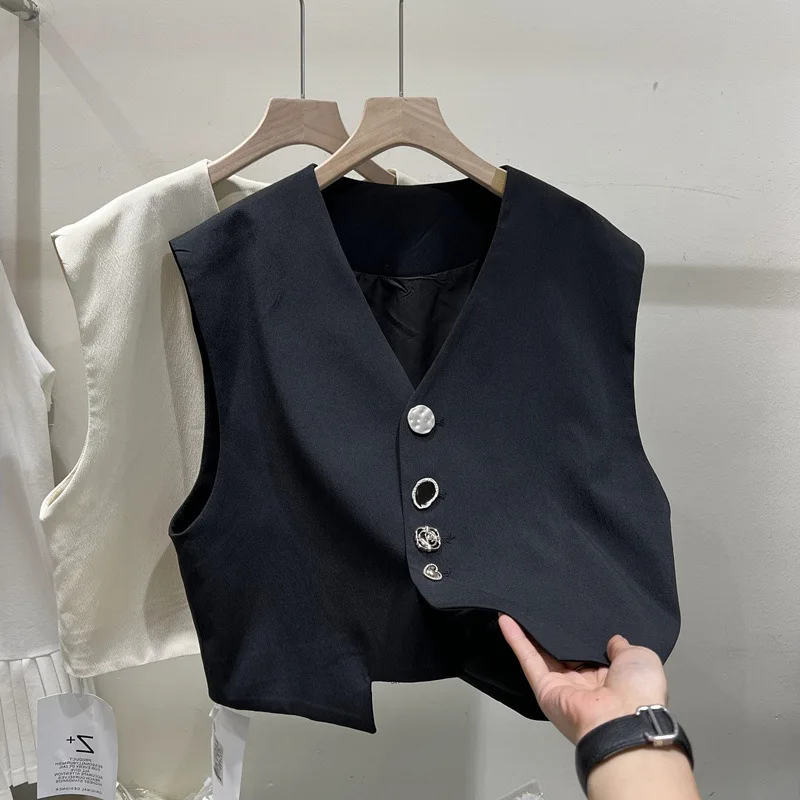 Women's Summer New Decorative Button Horse Clip Sleeveless Short Design Top with Suit Vest Coat